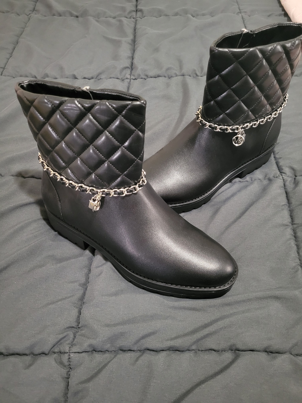 Authentic Michael Kors Quilted Cuff Black Ankle Boots with Silver Chain Charm